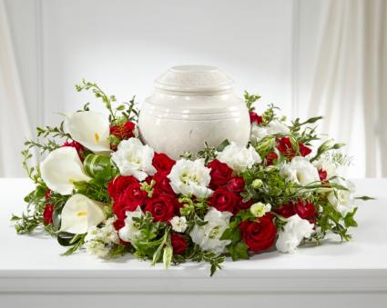 White and Crimson Urn Wreath Arrangement