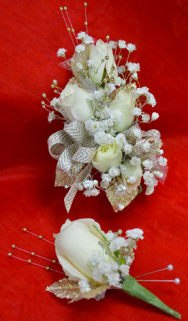 White and Gold Corsage and Boutonniere-11E & 11F  