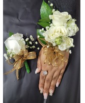 White and gold corsage and boutonniere set  Prom