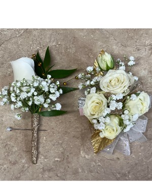 White and Gold Corsage Boutionere set  