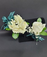 White and green corsage and boutonniere set  Prom