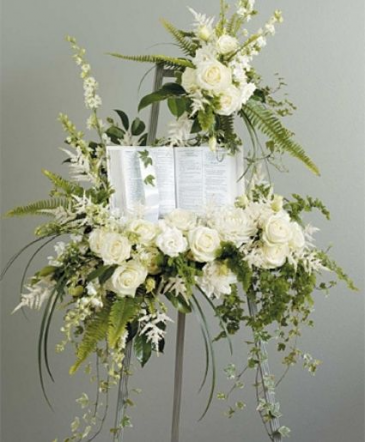 White and Green Standing Spray Funeral in Abbotsford, BC | FUNERAL FLOWERS ABBOTSFORD