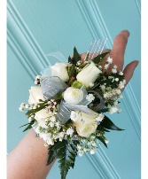 WHITE AND LIGHT BLUE WRIST CORSAGE