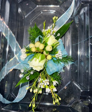 White and Light Blue Wristlet Corsage