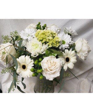 WHITE AND MINT GREEN FLOWER BOUQUET.. Flowers may vary depending on stock and time frame when ordering but they will be all white and mint green
