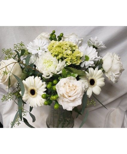 WHITE AND MINT GREEN FLOWER BOUQUET.. Flowers may vary depending on stock and time frame when ordering but they will be all white and mint green