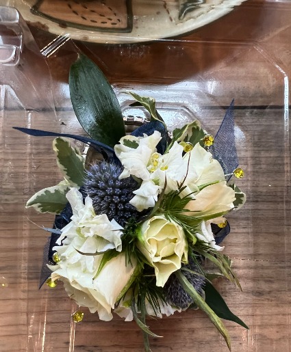 White and Navy with Pops of Yellow Wristlet Corsage