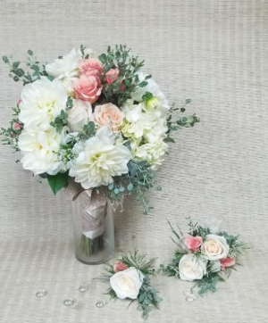 White and Pastel Wedding Ensemble Hand tied bouquet with matching corsage and boutineer