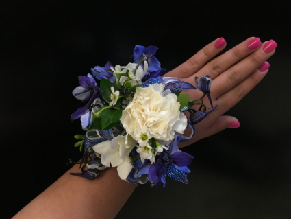 White and royal blue corsage in Fresno, CA - FLOWERS AND MORE White And Baby Blue Corsage