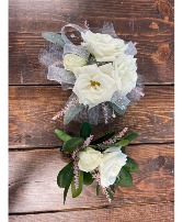 White and silver Wrist corsage and Bout