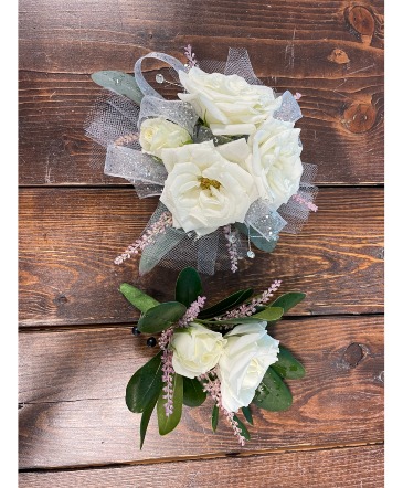 White and silver Wrist corsage and Bout in Zimmerman, MN | Wild Dahlia Design Studio