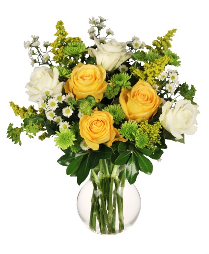 WHITE AND  YELLOW ROSES  ARRANGEMENT 