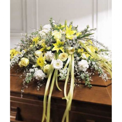 White and Yellow Tribute Funeral  Casket Spray