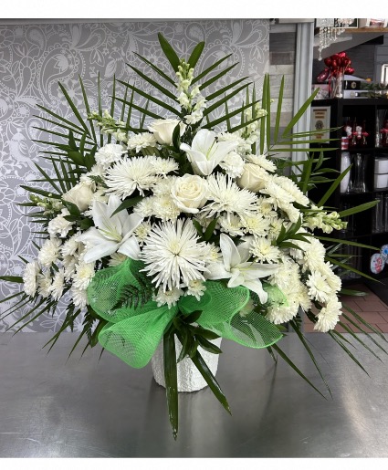 White Angels Above Funeral Basket