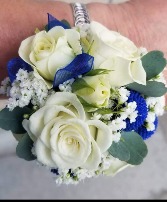 White Baby Roses With Blue Accent  Wrist Corsage 