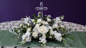 White  beauty Centerpiece with Cross sympathy table arrangement