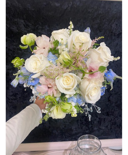 White, Blue, and Pinks  Handheld Bouquet 