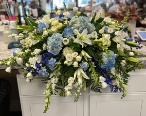 WHITE & BLUE CASKET SPRAY 