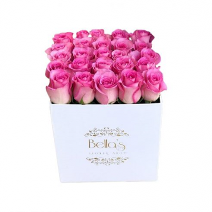 White  Square Hat Box 25 Pink Roses