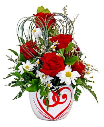 White Ceramic Heart Fresh cut flowers for Valentines in a white ceramic heart container in Penn Yan, NY | Garden of Life Flowers