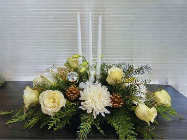 White Cristmas Centerpiece with candels in Coral Springs, FL | Hearts & Flowers of Coral Springs