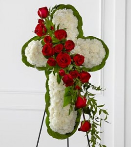 White Cross Design with Red Roses