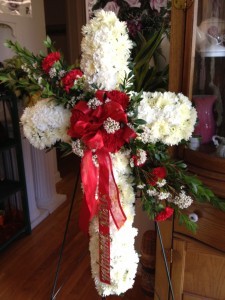 White Cross with Red Roses Easel Arrangement