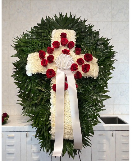 White cross with red roses sympathy 