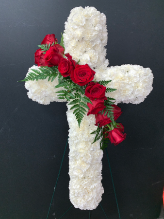 White Cross w/Rose Swag Fresh Flowers in Houston, TX | FLOWER FACTORY PLUS White Cross w/Rose Swag Fresh Flowers in Houston, TX | FLOWER FACTORY PLUS
