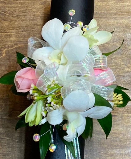 White Dendrobium Orchid and Pink Spray Rose Wrist Corsage