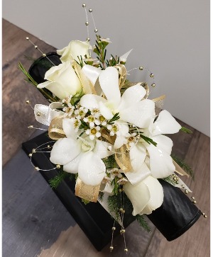 White Dendrobium Orchid, White Roses w/ Gold Beads 