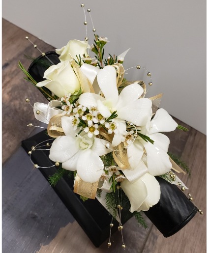 White Dendrobium Orchid, White Roses w/ Gold Beads 