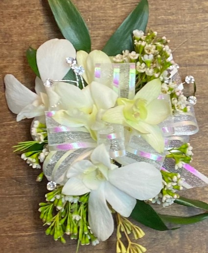 White Dendrobium Orchid with Iridescent Accents Wrist Corsage