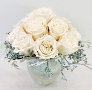 White "Forever" Roses In Frosted Art Glass Vase Preserved Roses