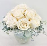 White "Forever" Roses In Frosted Art Glass Vase Preserved White Roses