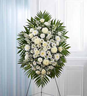 WHITE FUNERAL STANDING SPRAY WHIRE FLOWERS SPRAY WITH EASEL
