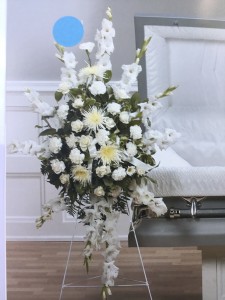 White glads, carns, fuji mums Standing spray