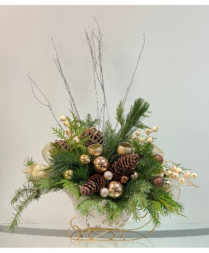 White & Gold Sleigh Christmas Arrangement 