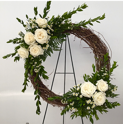 WHITE GRAPEVINE WREATH FUNERAL ARRANGEMENT