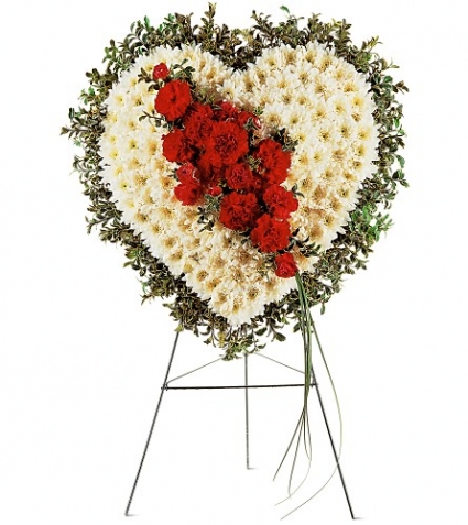 White Heart with Red Carnations Standing Spray
