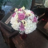 White Hydrangeas, Lavender Roses  & Picaso Cala Li Hand Tied Bridal Bouquet