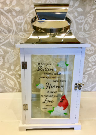 White Lantern with Cardinal optional Flowers