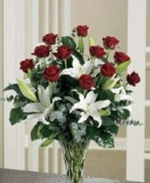 White lilies and red roseBouquet All Around Arrangement