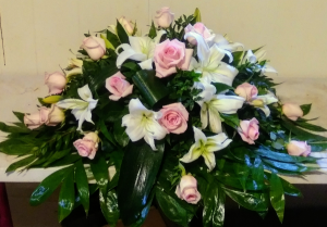 White Lilies & Pink Roses Casket Spray