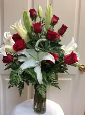 White Lily & Red Rose Elegance Vase arrangement