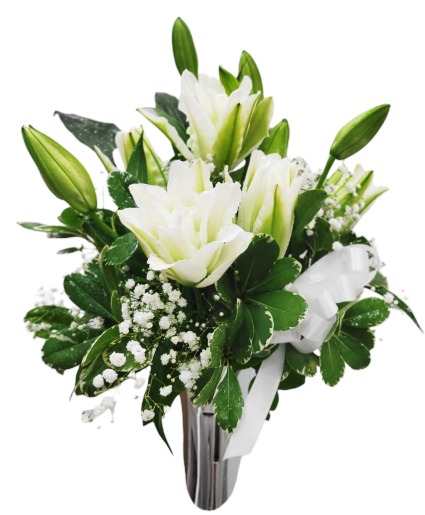 White Lily Sympathy Arrangement Silver Cross Vase