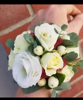 White Lisianthus and White Roses Wrist Corsage  