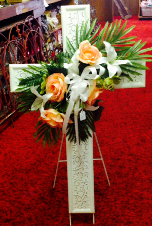 White metal cross w/flowers Memorial