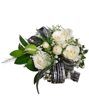 3 White Mini Rose with Baby's Breath & Berry Choice of Ribbon Color