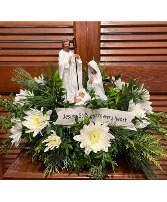 White Nativity Table Arrangement with Nativity